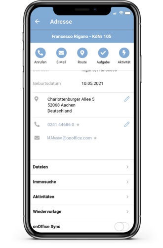 Smartphone zeigt eine Adresse mit Detailansicht in der onOffice App