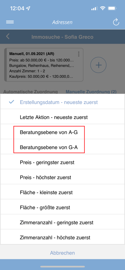 onOffice App nach Beratungsebene sortieren